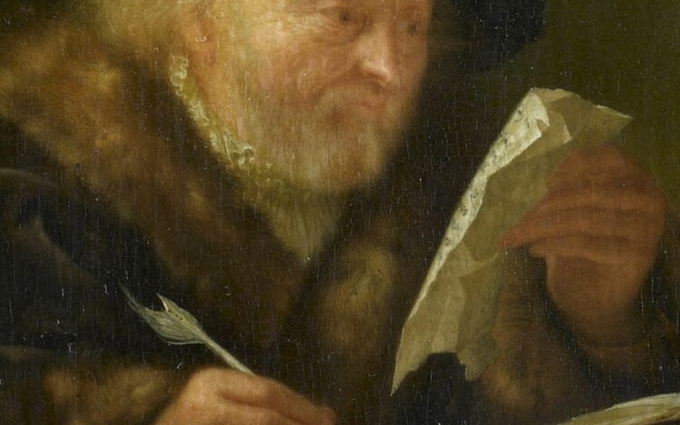Utsnitt av målning som visar äldre herre med penna och papper.