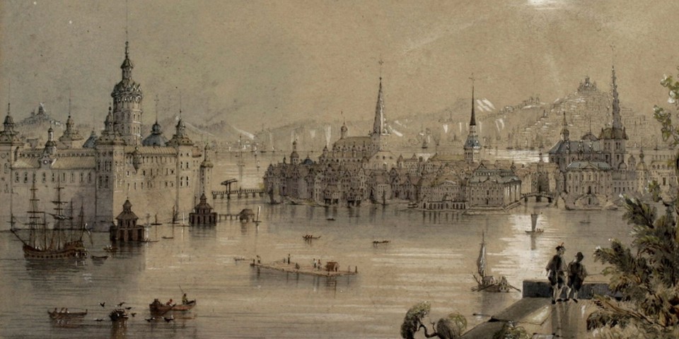 Akvarell över stad vid vatten på 1600-talet.