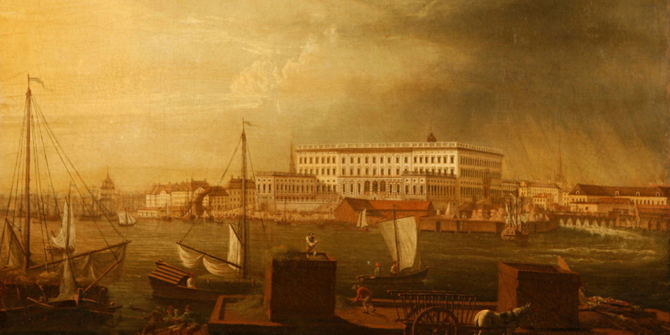 Målning som visar utsikt över Stockholms stad på 1700-talet. Bild.