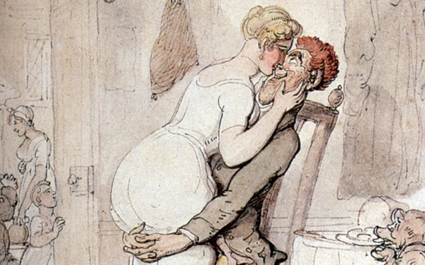Illustration av en kvinna som sitter i knät på en man. Målning.